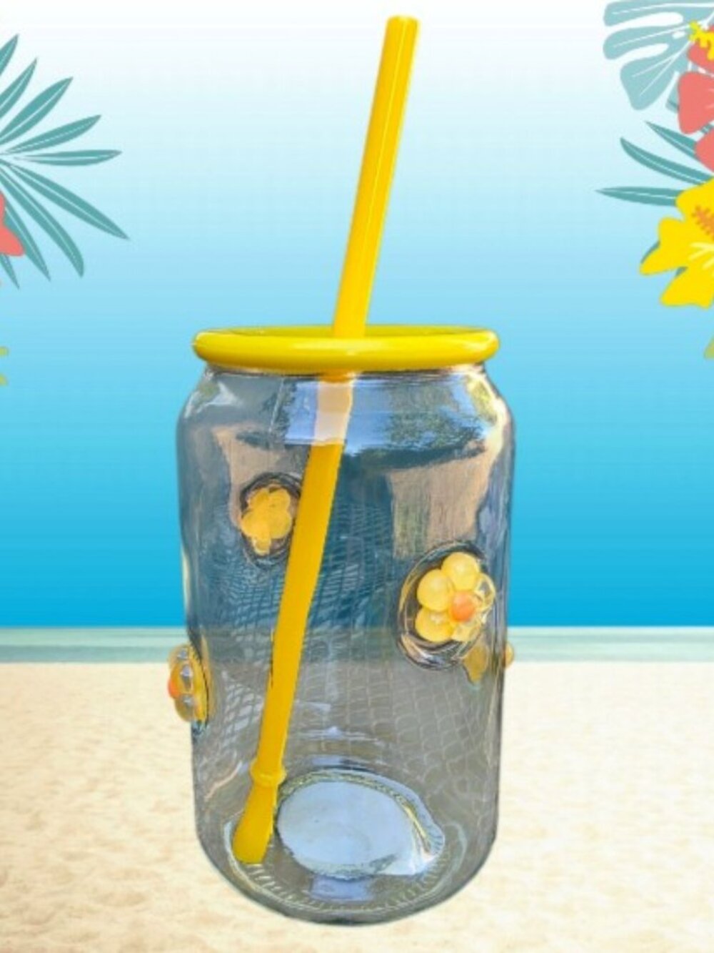 Yellow Daisy Flower Glass Tumbler w/ Straw & Lid .